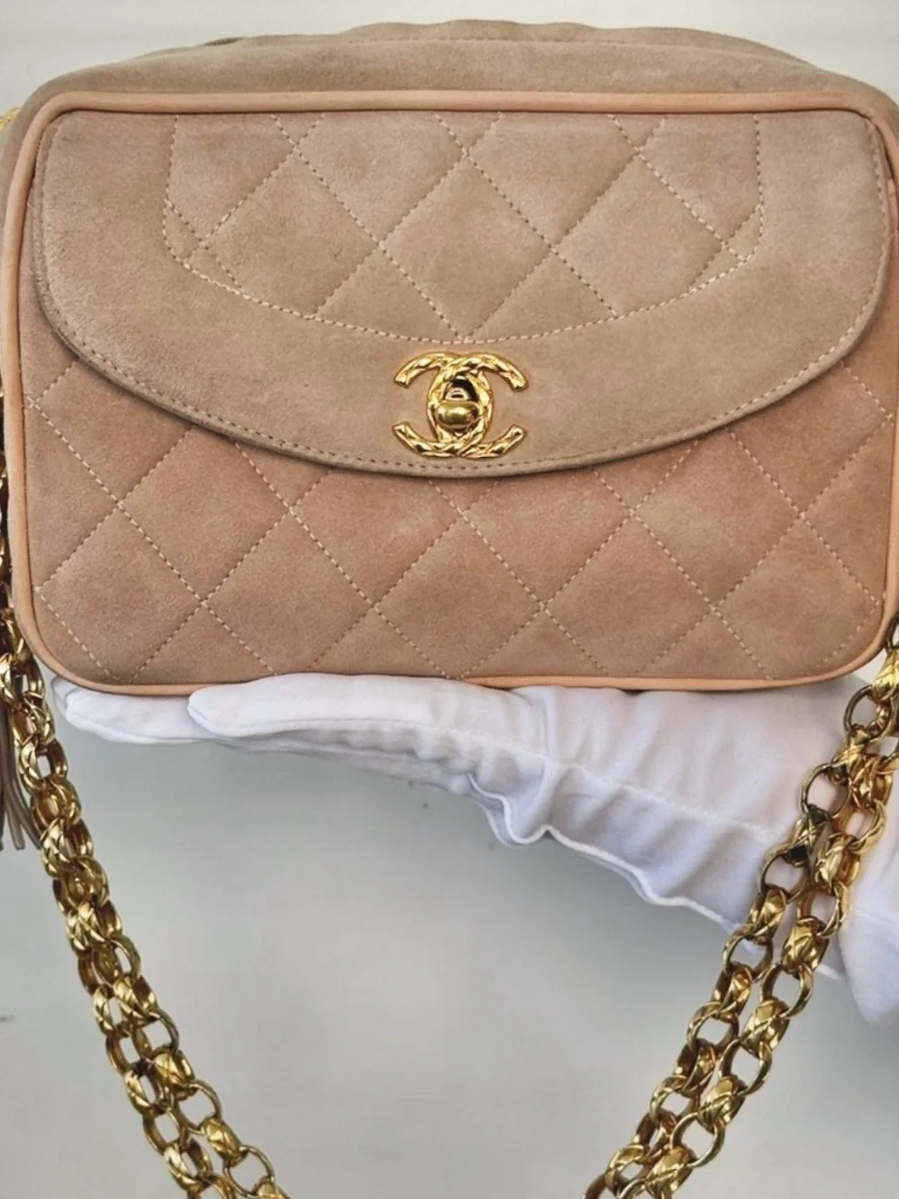CHANEL Quilted Tassel CC Camera Bag Case In Pink Suede